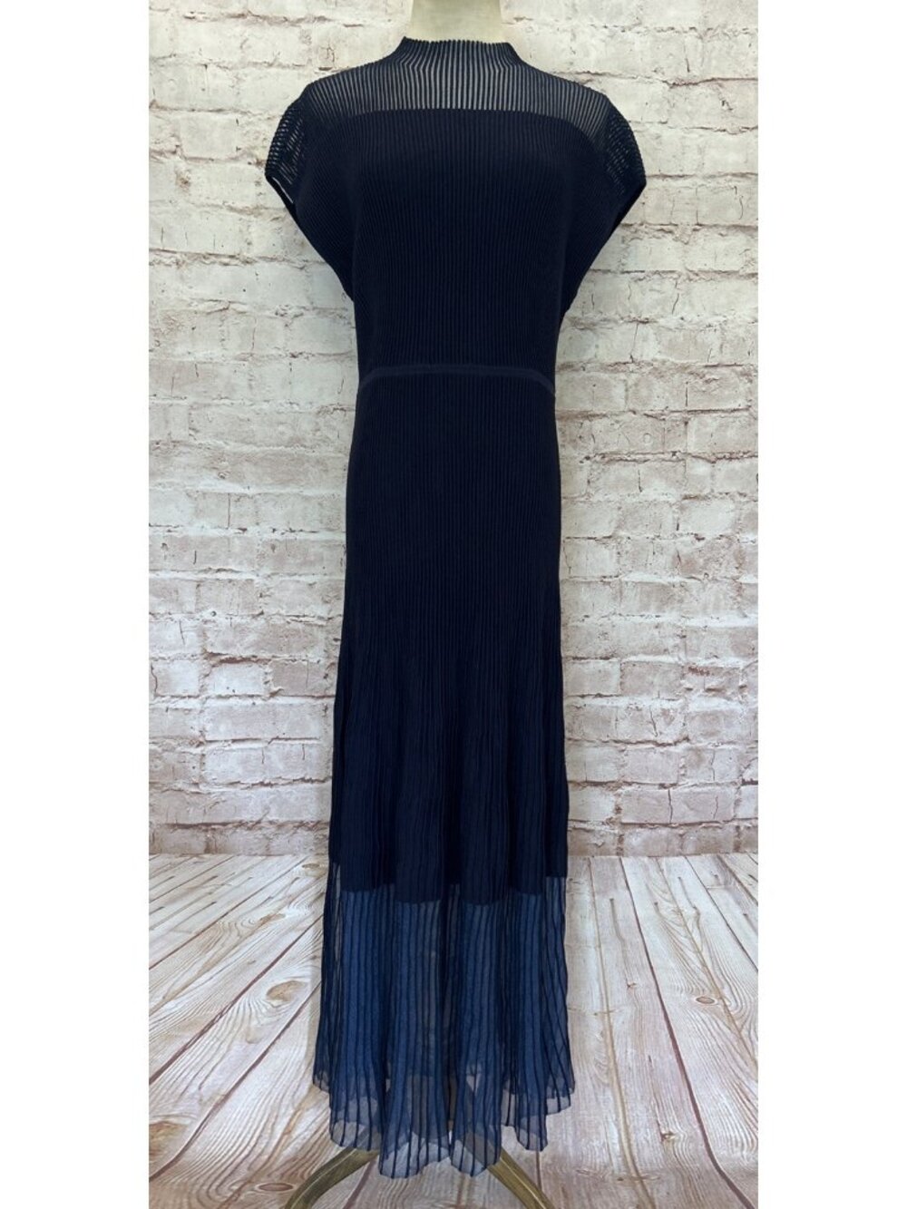 Donna Karan New York Cap Sleeve Flared Dress Sheer Stretch Knit Navy Blue Size S